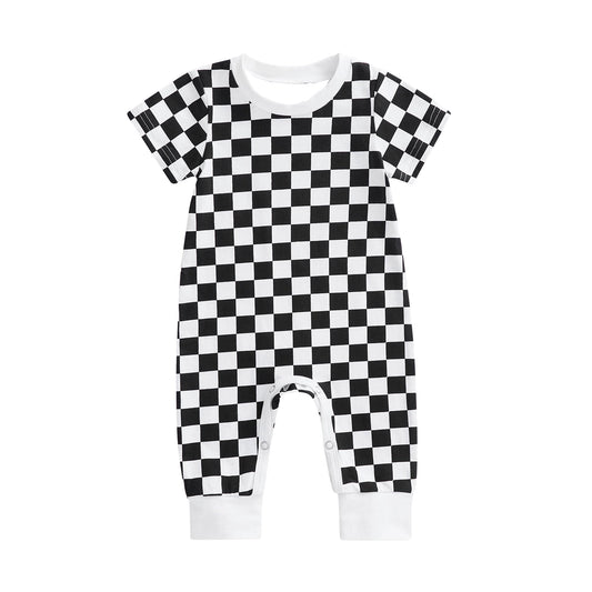 preorder SR2100 black checkered short sleeve boys romper