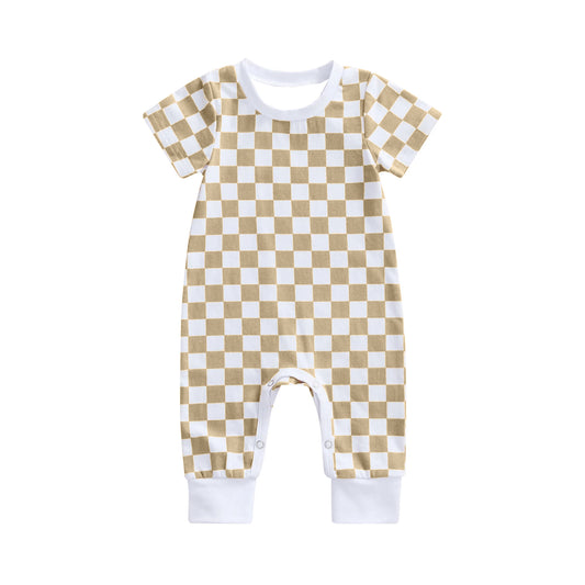preorder SR2101 khaki checkered short sleeve boys romper