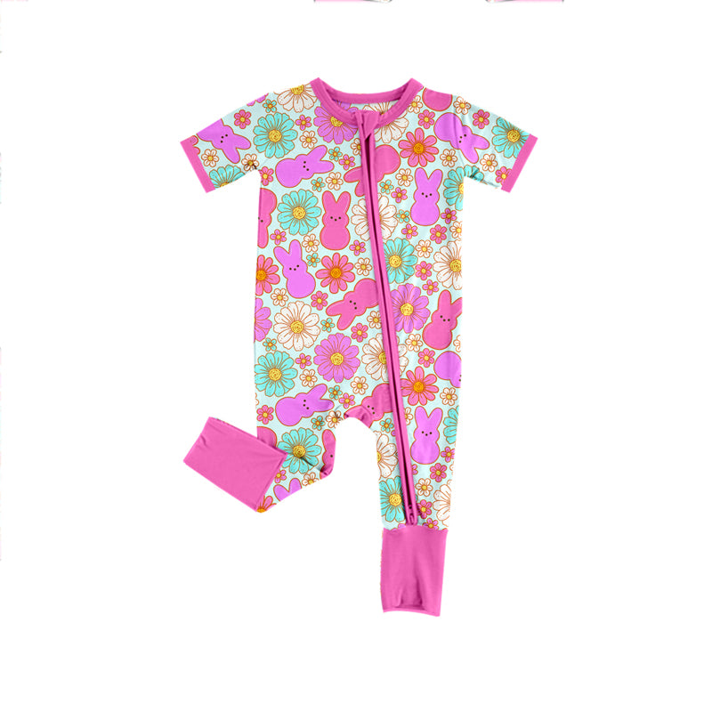 preorder SR2106 Easter bunny rabbit flowers hot pink short sleeve zipper girls romper