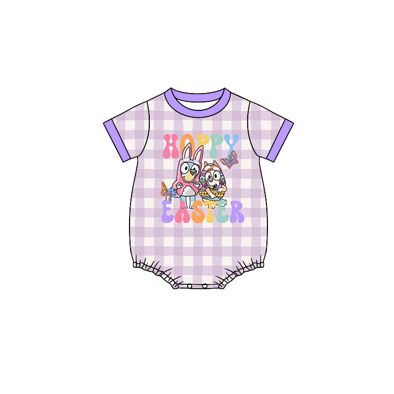 preorder SR2107 Happy Easter cartoon blue dog purple checkered short sleeve girls romper