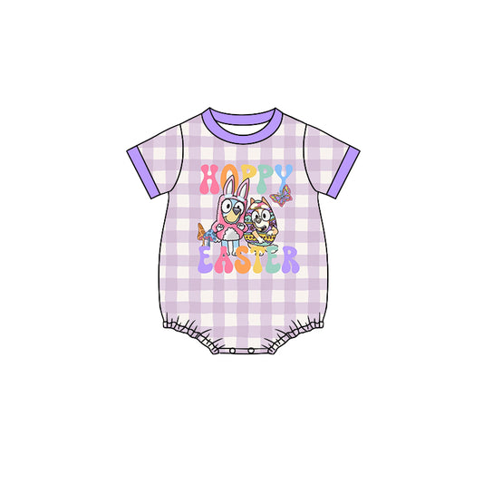 preorder SR2107 Happy Easter cartoon blue dog purple checkered short sleeve girls romper