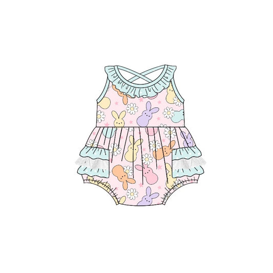 preorder SR2108 Easter bunny rabbit flowers pink aqua ruffles girls romper