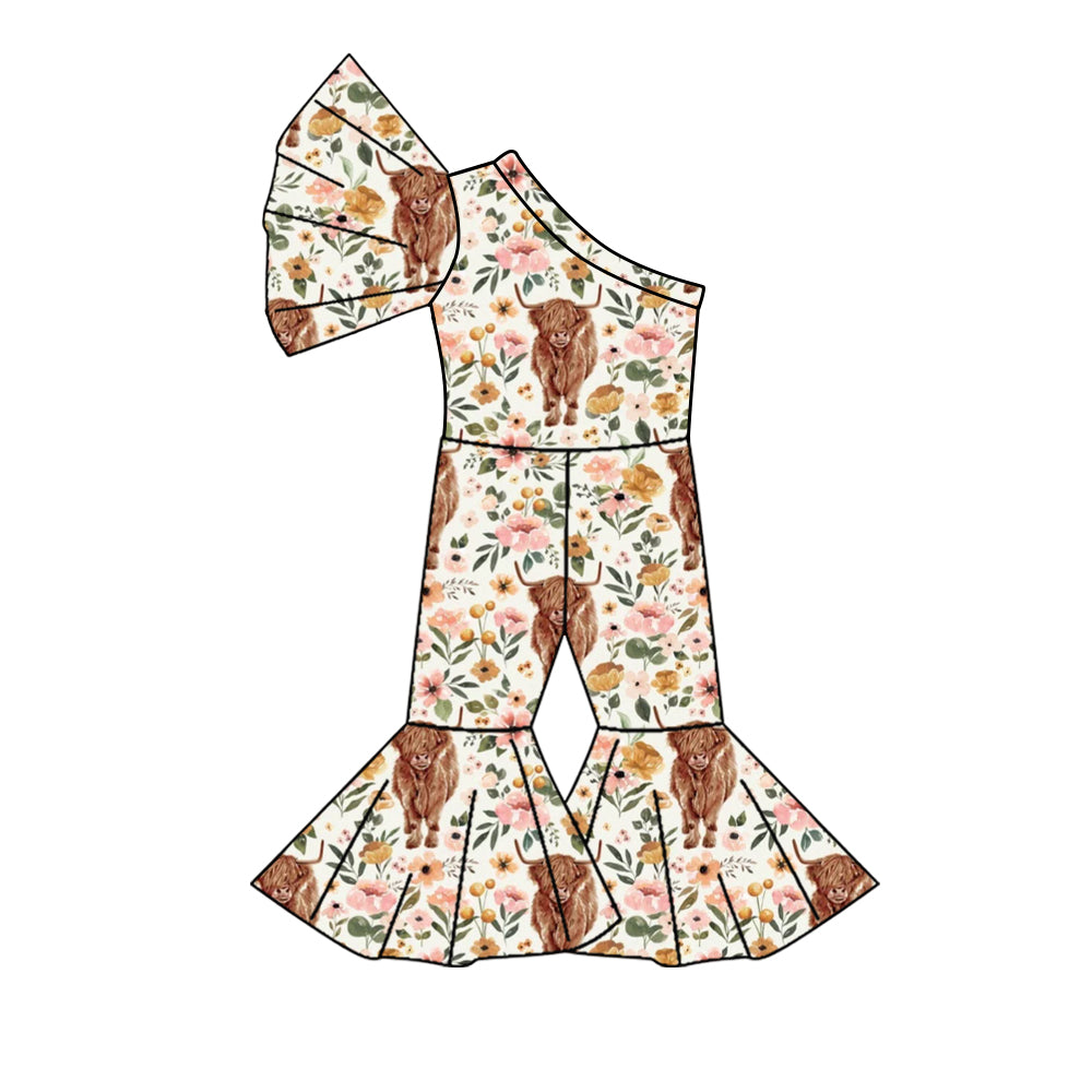 preorder SR2110 highland cow flowers short sleeve girls jumpsuits