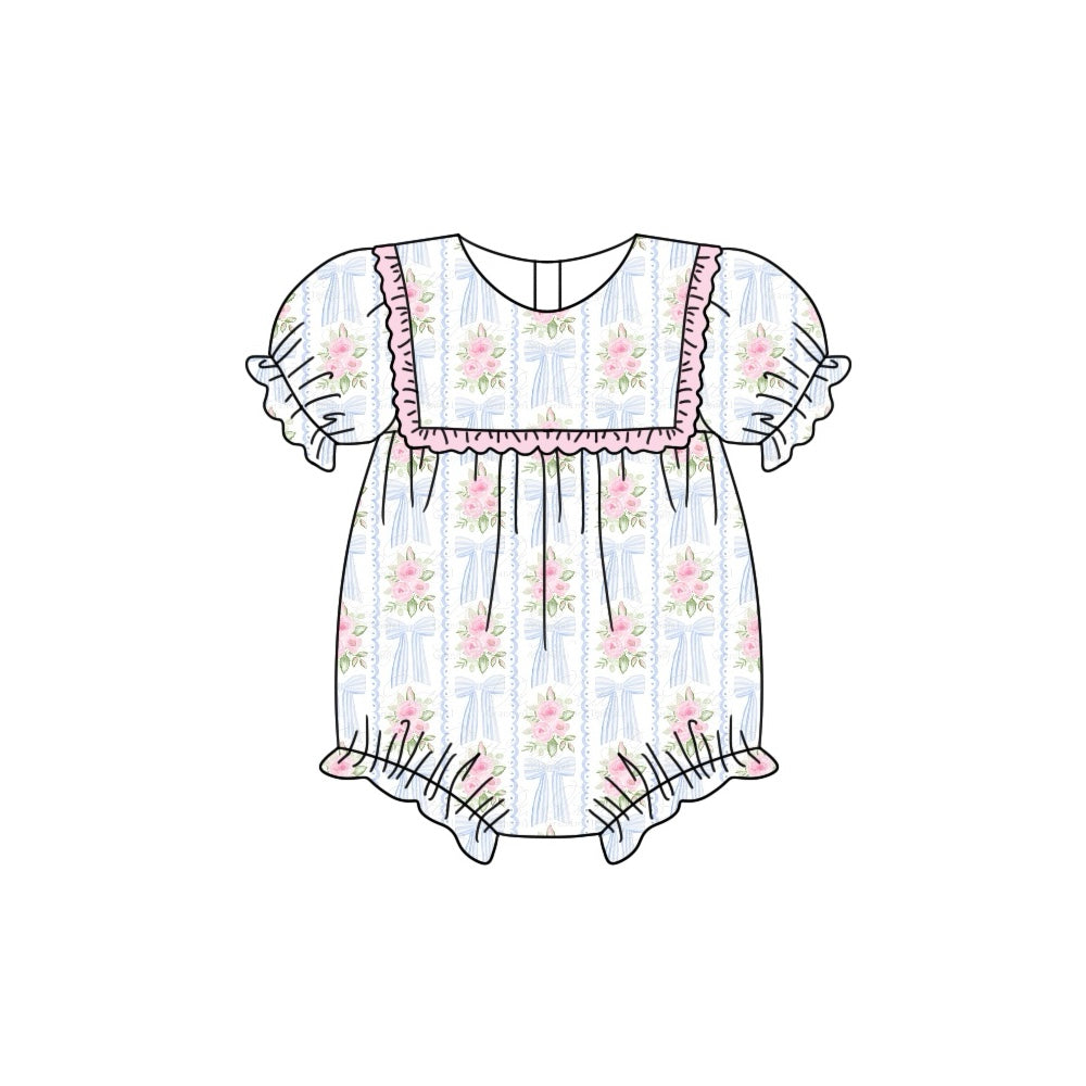 preorder SR2130 pink flowers bows short sleeve girls romper