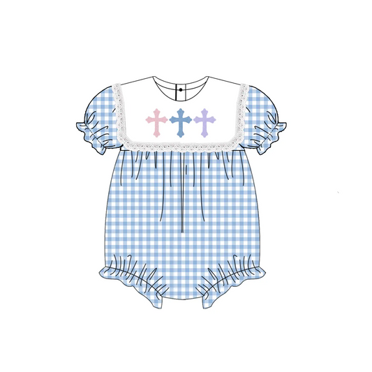 preorder SR2133 Easter cross blue checkered short sleeve girls romper