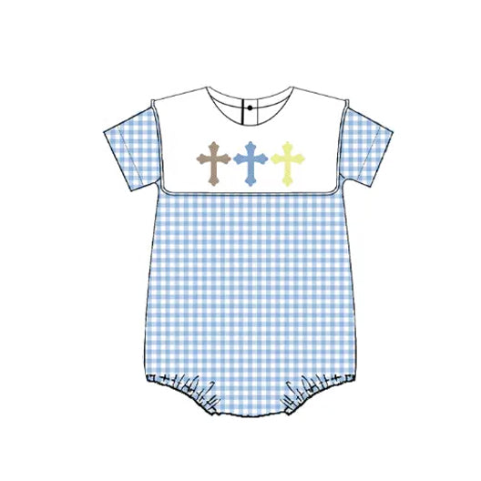 preorder SR2134 Easter cross blue checkered short sleeve boys romper