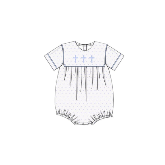 preorder SR2147 Easter cross blue dot short sleeve boys romper