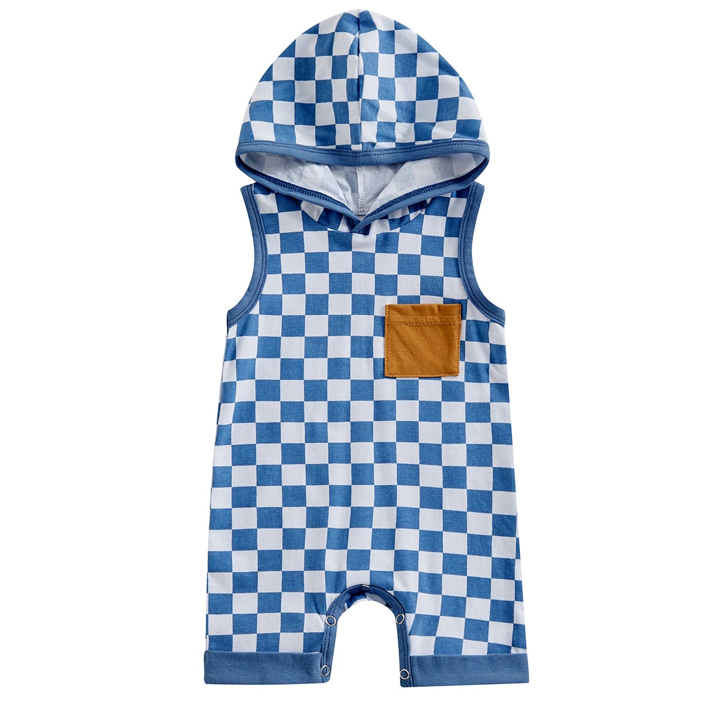 preorder SR2153 blue checkered sleeveless hoodie boys romper