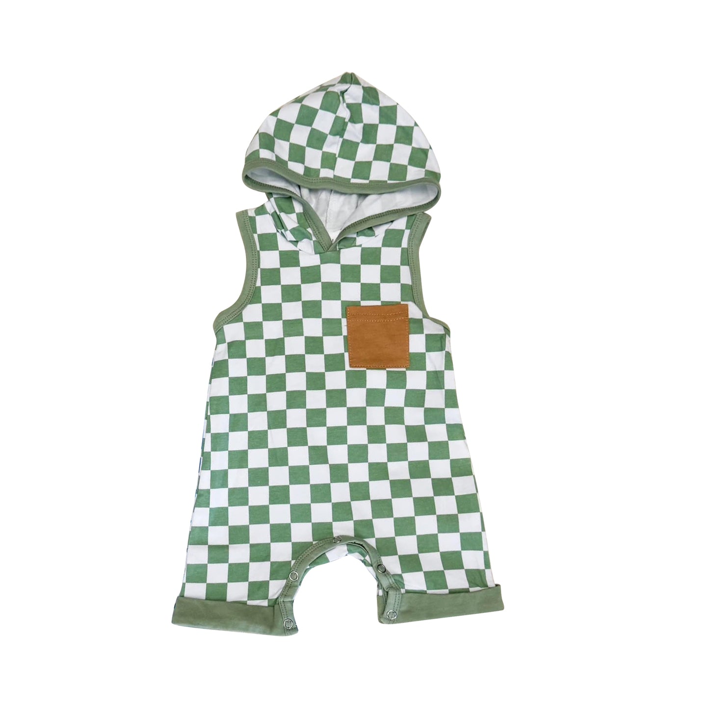 preorder SR2154 green checkered sleeveless hoodie boys romper
