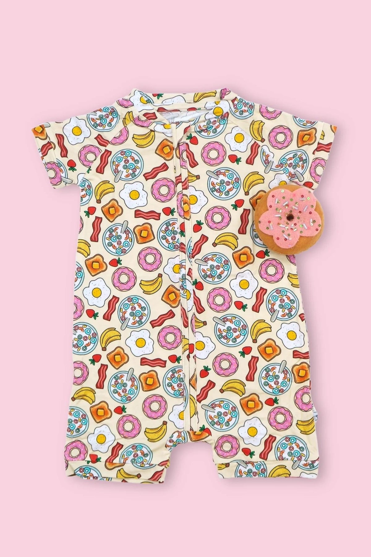 preorder SR2171 breakfast donuts banana short sleeve girls zipper romper