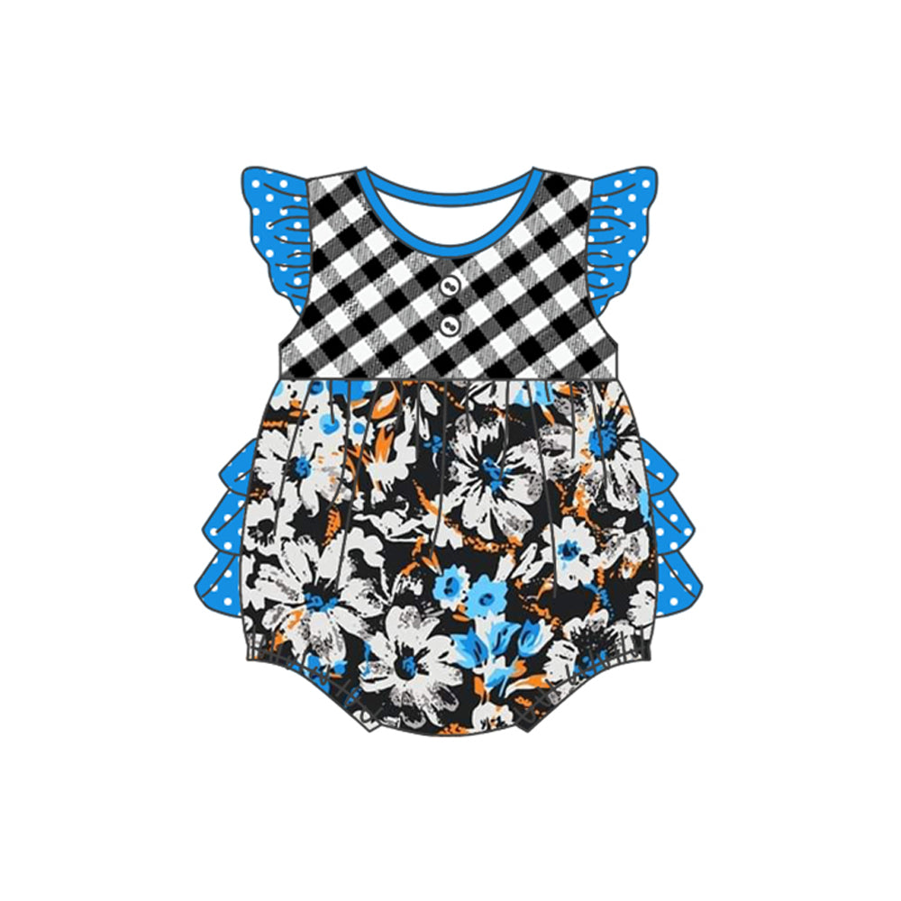 preorder SR2174 blue flowers black checkered flutter sleeve girls romper