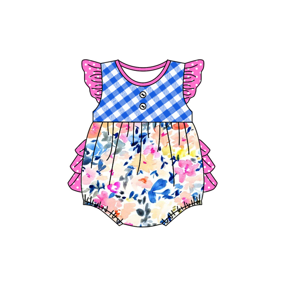 preorder SR2176 colorful flowers blue checkered hot pink flutter sleeve girls romper