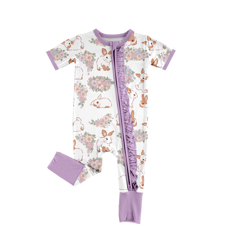 preorder SR2178 Easter he is risen purple flowers rabbit bunny long sleeve zipper girls romper