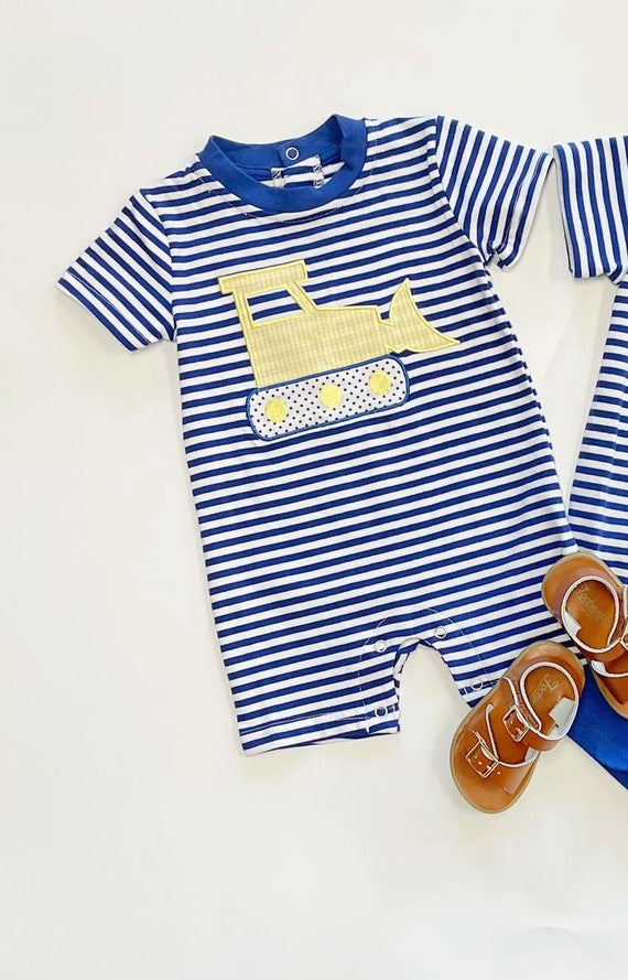 preorder SR2180 cute construction navy blue striped short sleeve boys romper