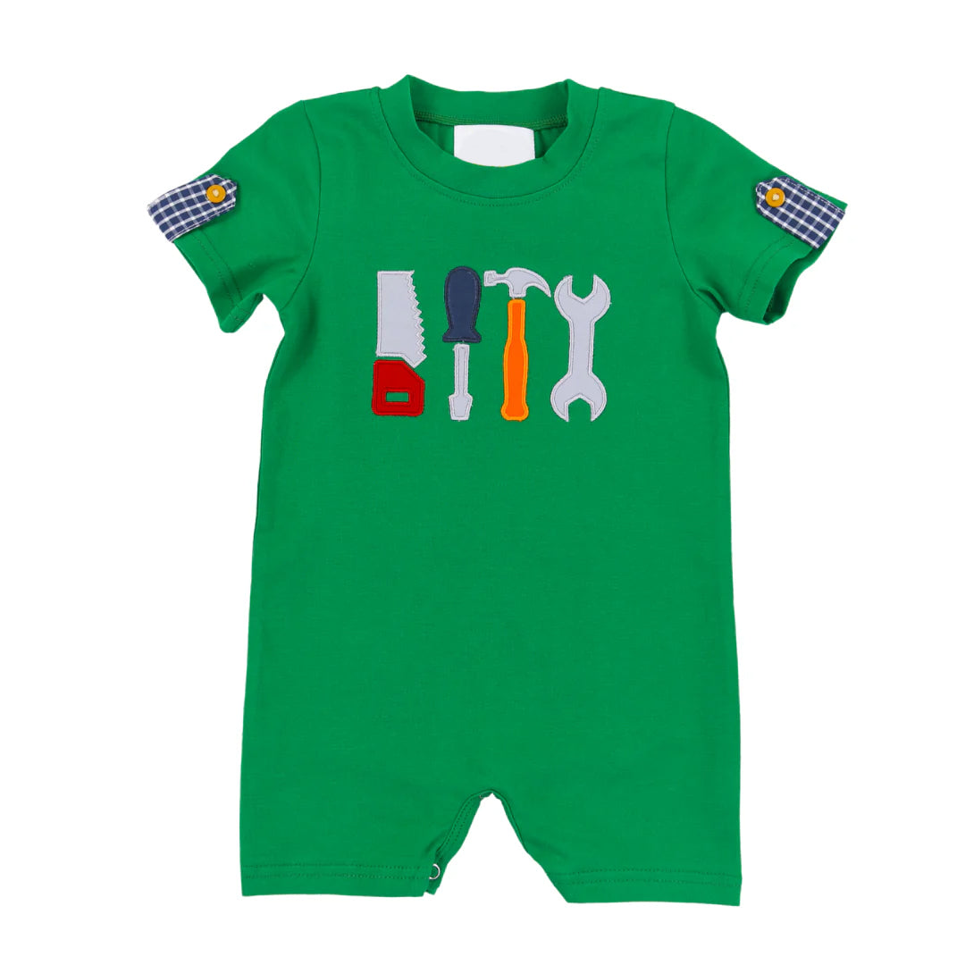 preorder SR2182 cartoon tool dark green short sleeve boys romper