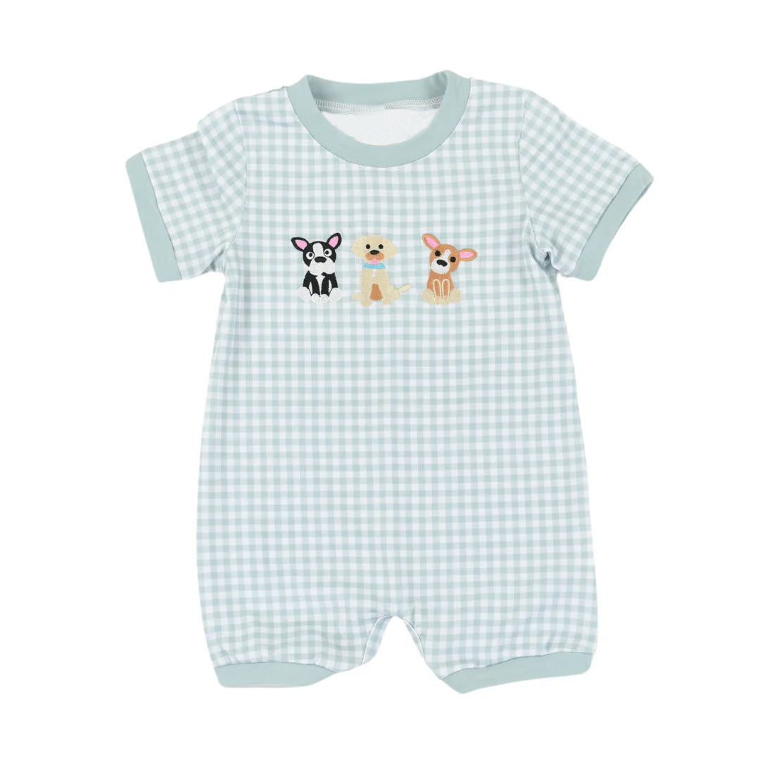 preorder SR2205 cute dog green checkered short sleeve boys romper