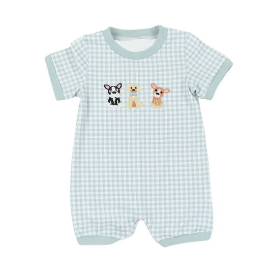preorder SR2205 cute dog green checkered short sleeve boys romper