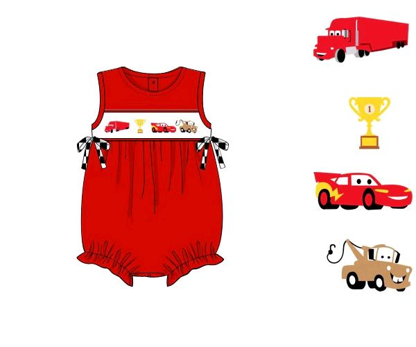 preorder SR2208 cartoon car red bows sleeveless girls romper