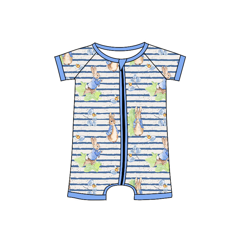 preorder SR2211 Easter rabbit bunny blue striped zipper short sleeve boys romper