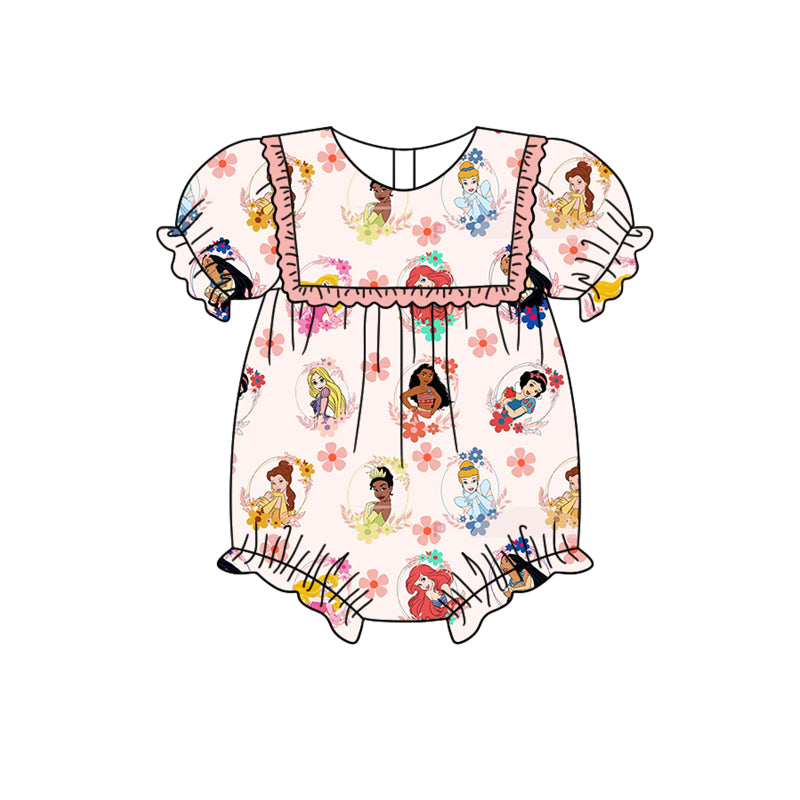 preorder SR2212 cartoon princess flowers pink ruffles short sleeve girls romper