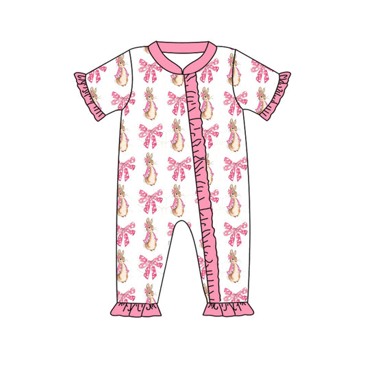 preorder SR2213 Easter bunny rabbit bows hot pink zipper girls romper