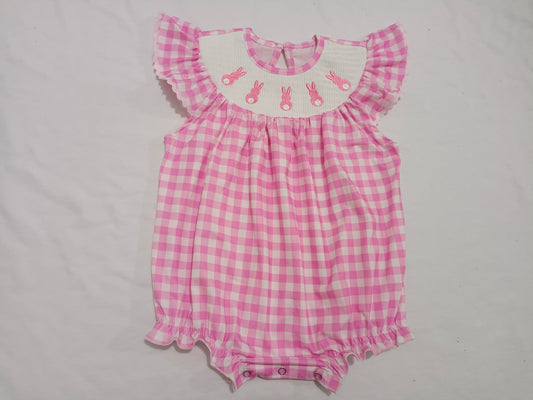 preorder SR2215 smocked embroidery Easter rabbit bunny pink checkered flutter sleeve girls romper