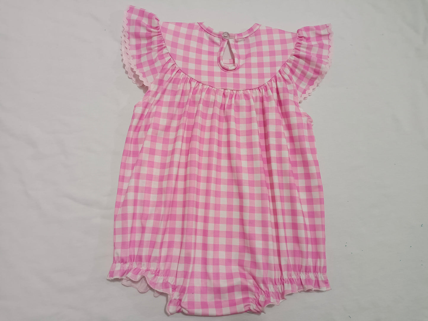 preorder SR2215 smocked embroidery Easter rabbit bunny pink checkered flutter sleeve girls romper