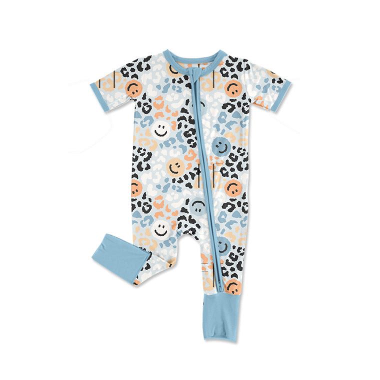 preorder SR2223 blue smile leopard short sleeve zipper boys romper