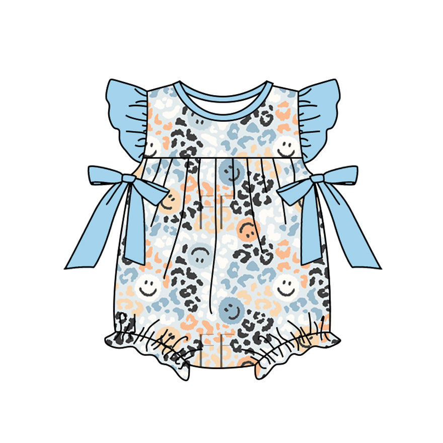 preorder SR2224 blue smile leopard bows flutter sleeve girls romper