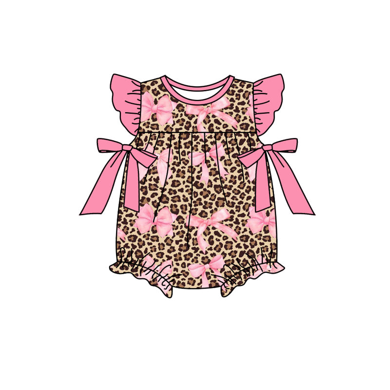 preorder SR2238 leopard pink bows flutter sleeve girls romper