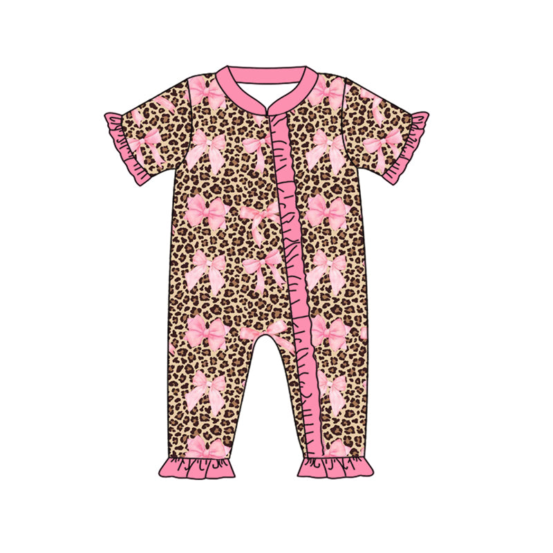 preorder SR2239 leopard pink bows ruffles zipper short sleeve girls romper