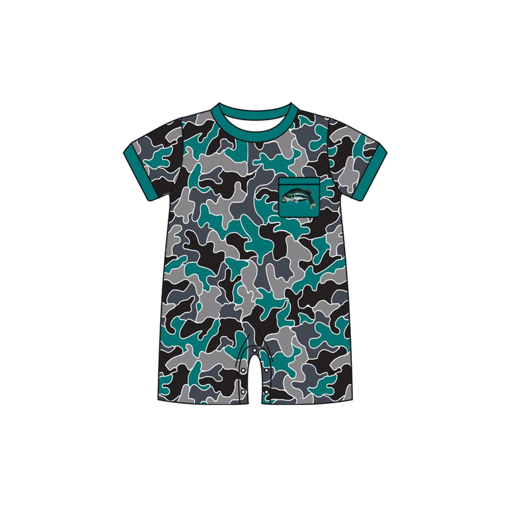 preorder SR2240 hunting camo fishing dark green pocket short sleeve boys romper