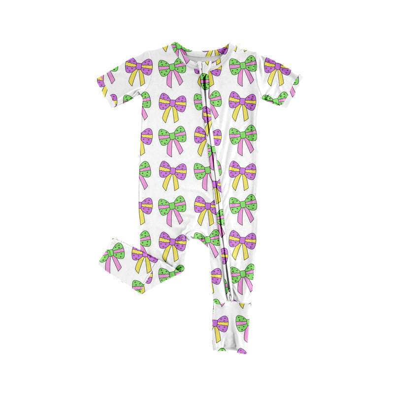 preorder SR2245 Mardi Gras green purple bows short sleeve zipper boys romper