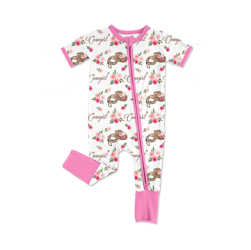 preorder SR2249 Western cowgirl hat flowers hot pink zipper short sleeve girls romper