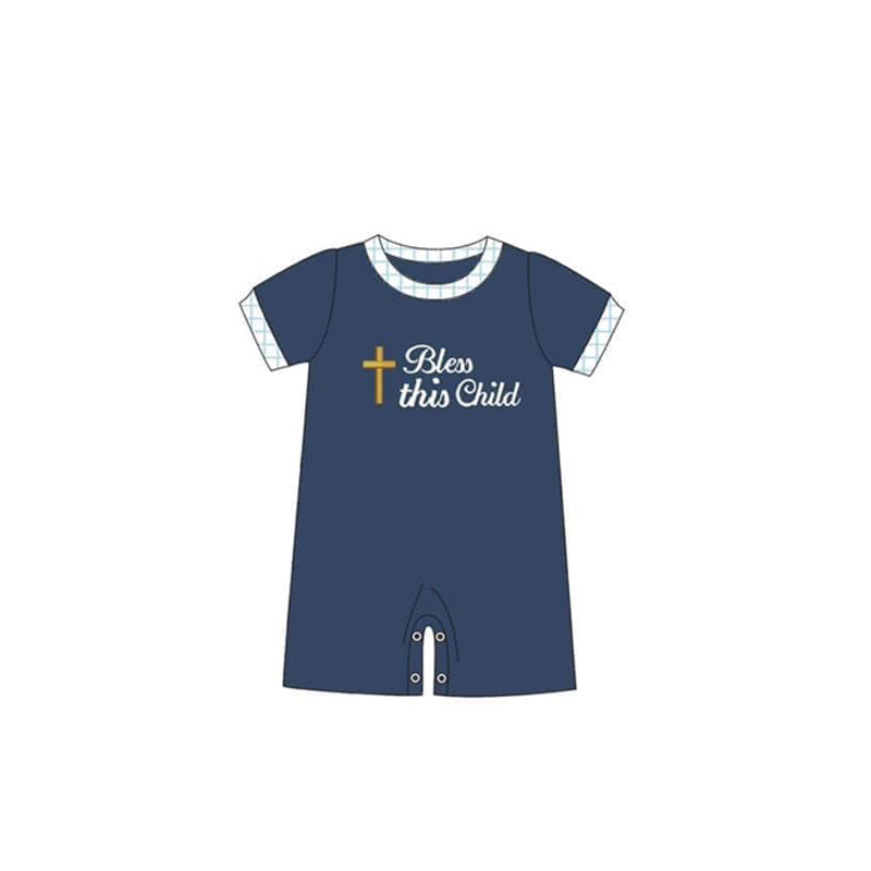 preorder SR2253 Easter cross bless this child navy blue short sleeve boys romper