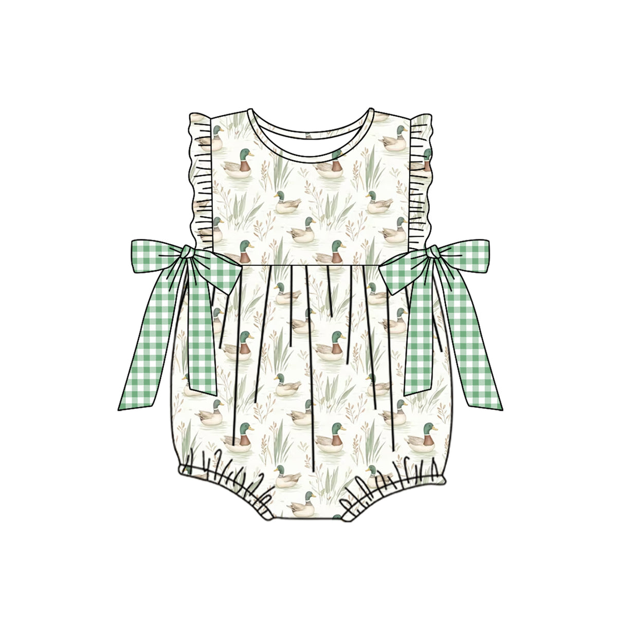 preorder SR2257 cute mallard duck bows green checkered flutter sleeve girls romper