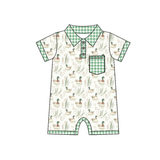 preorder SR2258 cute mallard duck pocket green checkered short sleeve boys romper