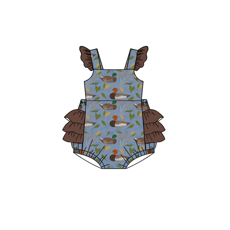 preorder SR2261 cute mallard duck blue brown ruffles flutter sleeve girls romper