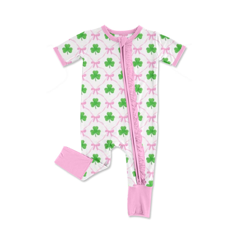 preorder SR2273 St Patrick clover pink bows short sleeve zipper girls romper