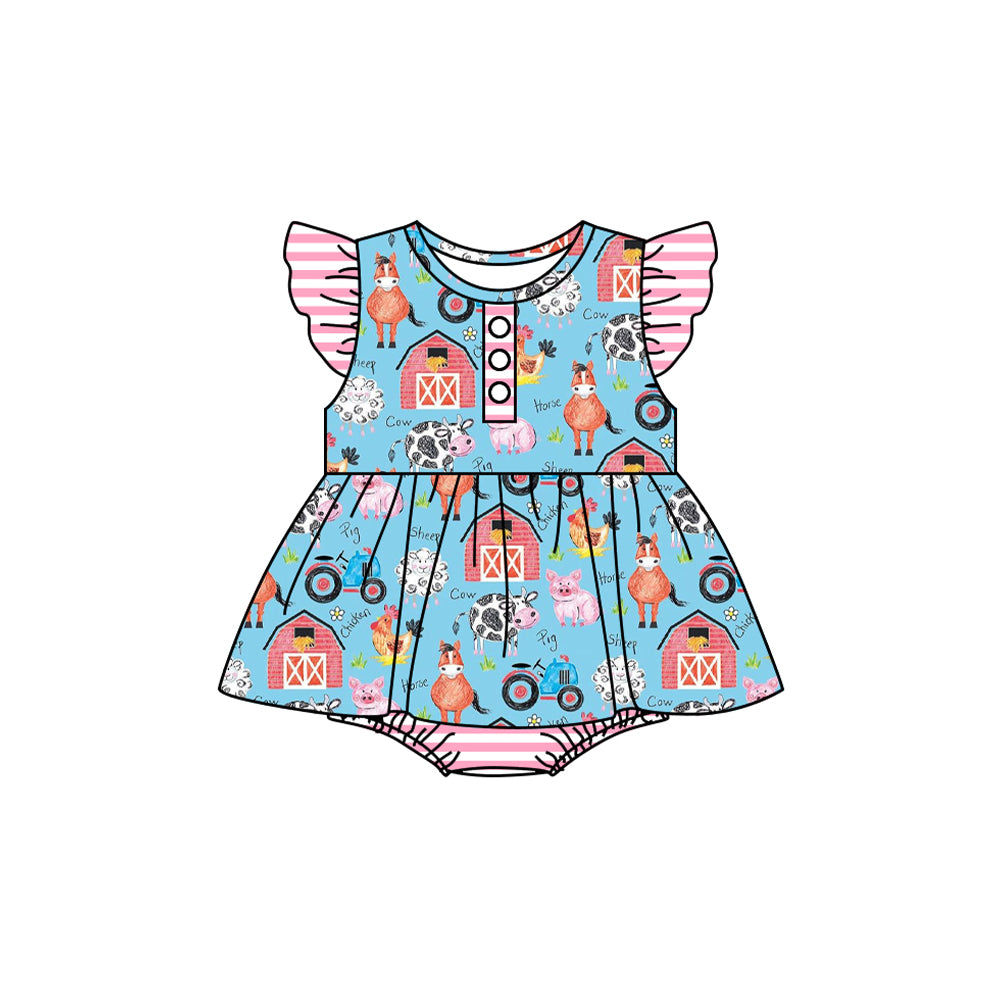 preorder SR2282 farm chick tractor house horse blue flutter sleeve girls romper