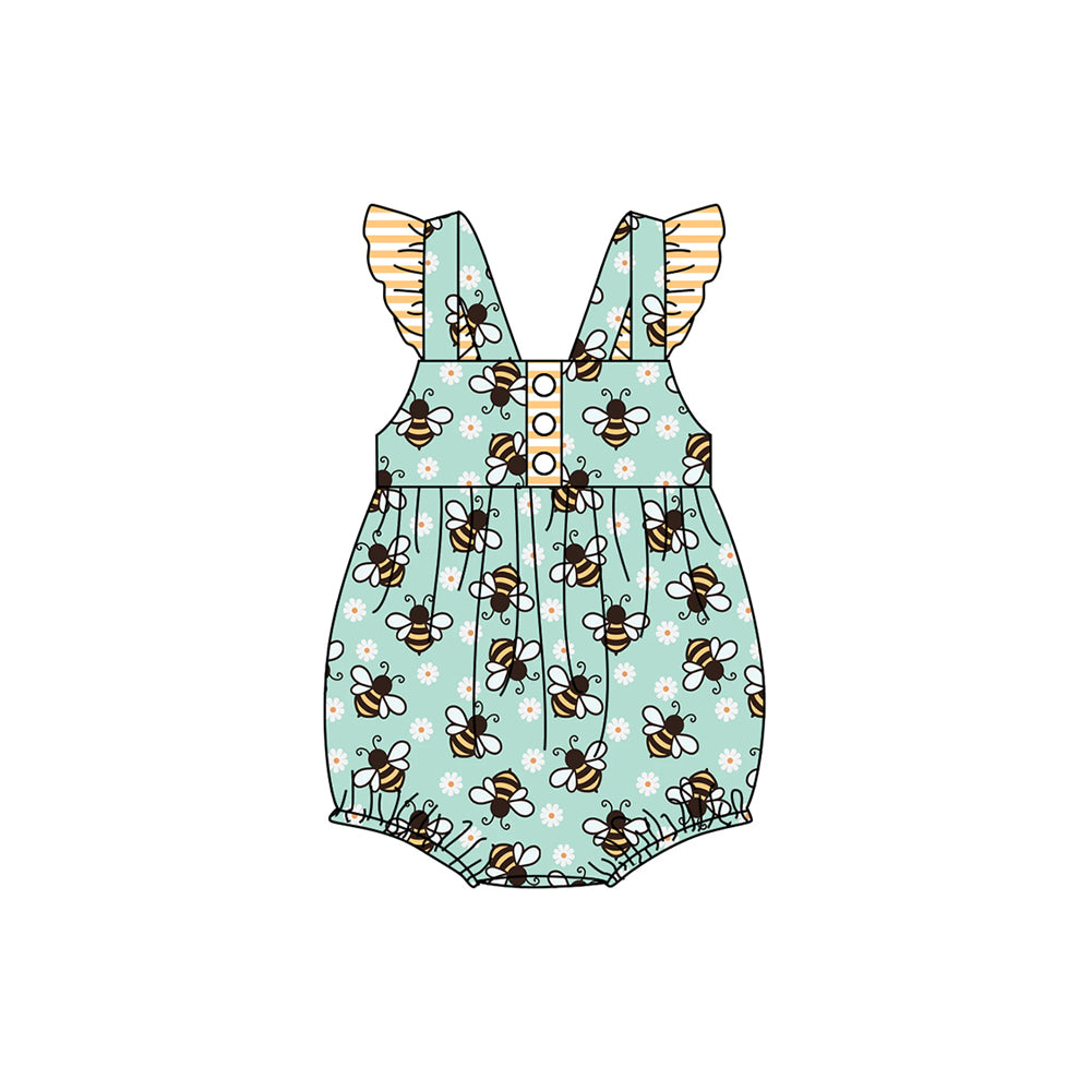 preorder SR2285 cute bee flowers green flutter sleeve girls romper