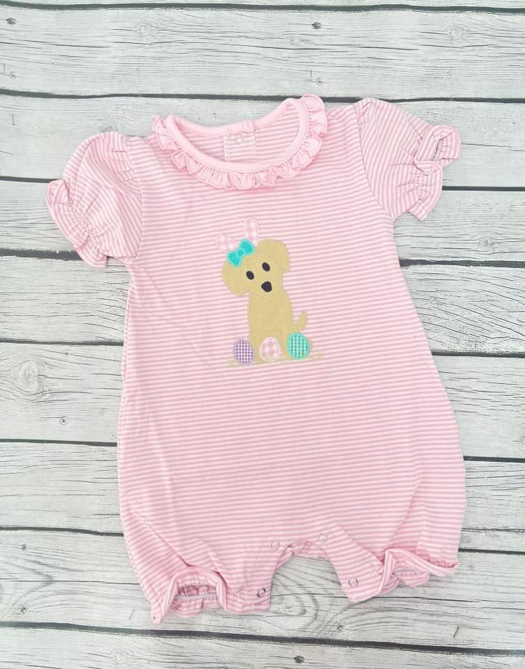 preorder SR2290 Easter egg dog pink striped short sleeve girls romper