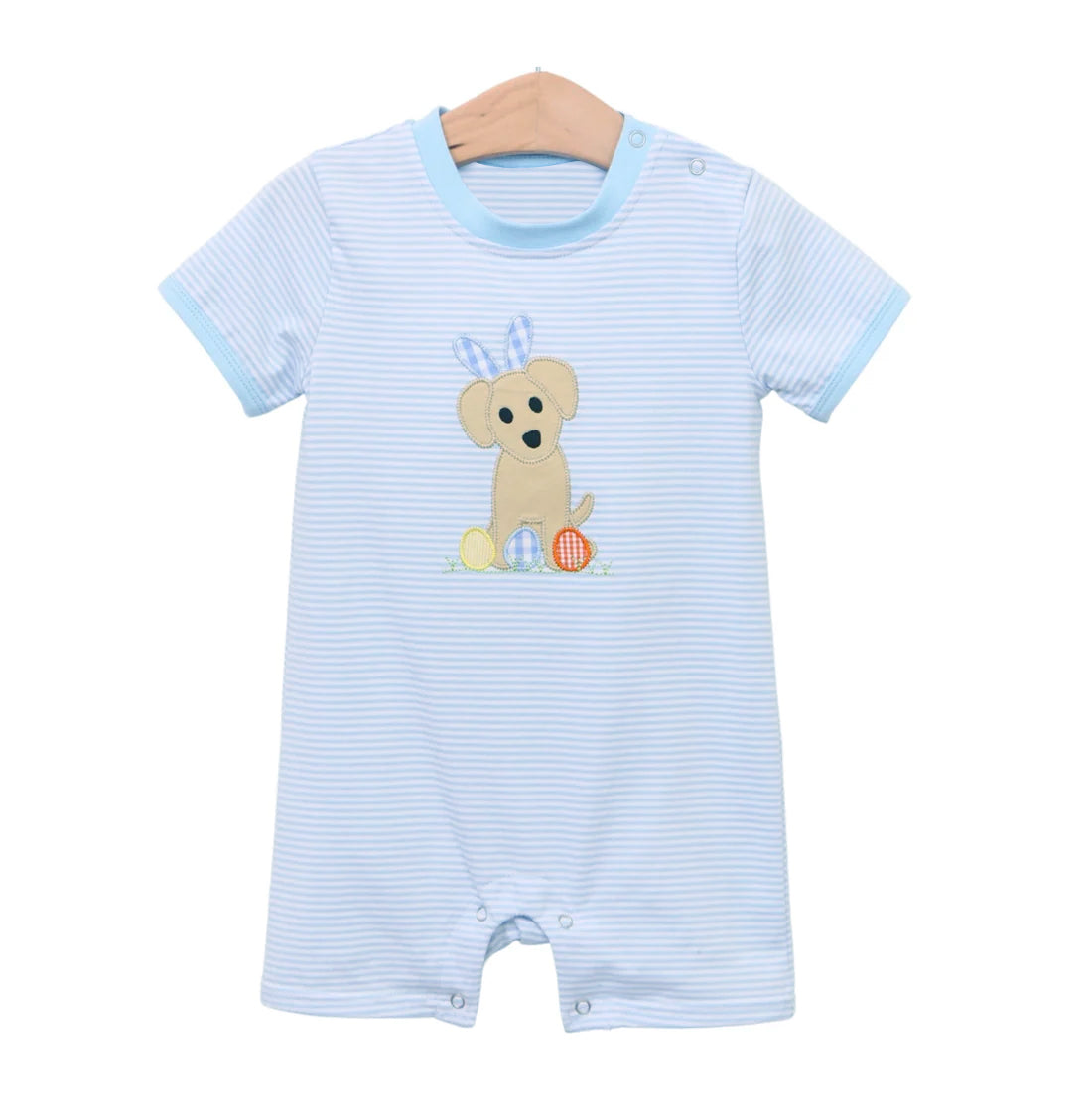 preorder SR2291 Easter egg dog blue striped short sleeve boys romper