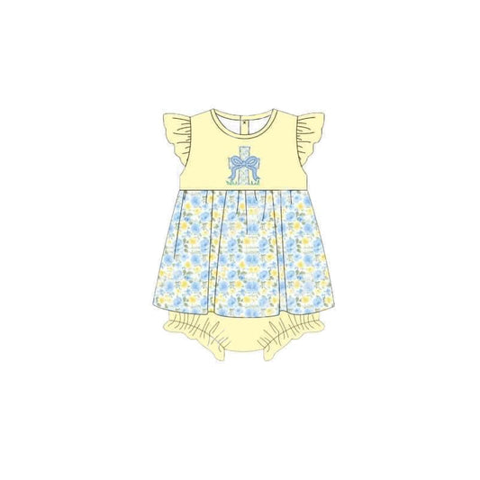 preorder SR2306 Easter cross bows yellow flutter blue flowers girls romper