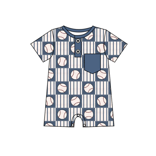 preorder SR2313 baseball blue striped pocket short sleeve boys romper