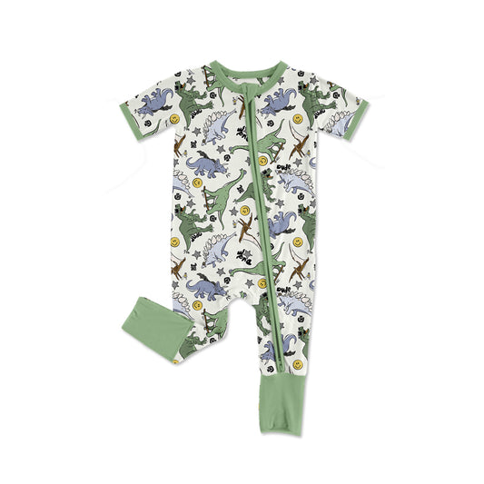 preorder SR2314 smile dinosaur green short sleeve zipper boys romper