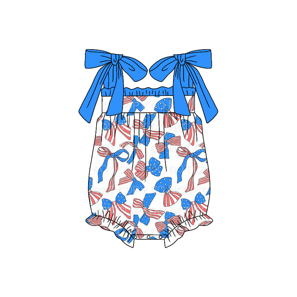 preorder SR2318 July 4th flag bows blue lace-up girls romper