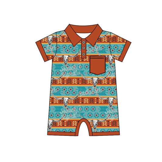 preorder SR2319 Easter cow Aztec pocket brown short sleeve boys romper