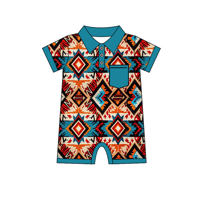 preorder SR2321 Western Aztec blue pocket short sleeve boys romper