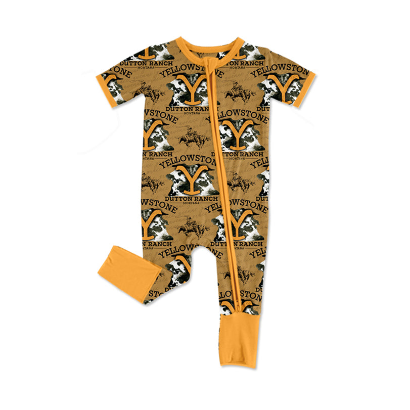 preorder SR2324 Western rodeo Yellowstone Y orange short sleeve zipper boys romper